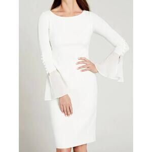 CALVIN KLEIN Cream Bell Sleeve Button Accent Knee Length Sheath Dress Size 2 NEW